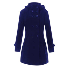 Blue 6-Button Hooded Style Casual Winter Fleece Coat For Her.