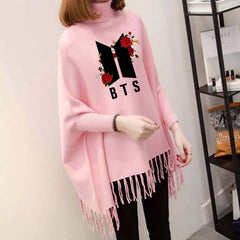 Flower-BTS Printed Bat-Wing Style Winter Poncho.