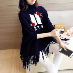 Flower-BTS Printed Bat-Wing Style Winter Poncho.