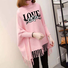 Black-White Love Printed Bat-Wing Style Winter Poncho.