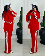Red Adi 3-Stripe Style Premium Quality Winter 2-Pcs Tracksuit For Her. D-17