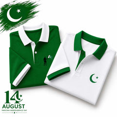 Bundle Of 2 Contrast Collar Style Hold Flag Logo Printed Azadi Polo Tshirt. V2 (White-CT+Green-Hold.Flag) (Copy)