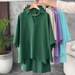 Batwing V-Collar Style Turkish Lawn 2-Pcs Stiched Co-Ord Set.