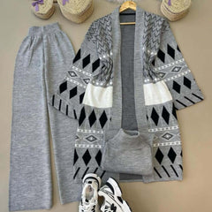 Long Printed Gown Style 3-Pcs Winter Co-Ord Suit. WWTS-27