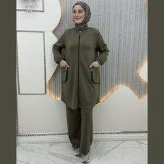 Zipper Pocket's Jacket Style Premium Quality Winter 2-Pcs Tracksuit For Her. WWTS-56