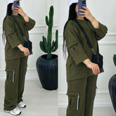 Drop-Shoulder 6-Pocket Cargo Zipper Style Western 2-Pcs Summer Tracksuit For Her. WSTS-06