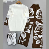 Contrast Rose Printed Premium Quality Winter 2-Pcs Tracksuit For Her. WWTS-19