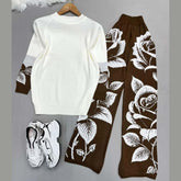 Contrast Rose Printed Premium Quality Winter 2-Pcs Tracksuit For Her. WWTS-19
