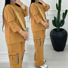 Drop-Shoulder 6-Pocket Cargo Zipper Style Western 2-Pcs Summer Tracksuit For Her. WSTS-06