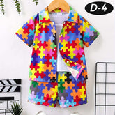 Rainbow Puzzle Style All-Over 3D Printed 2-Pcs Summer Suit For Kids. D-4