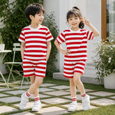 Red Kid's Stripe Printed 2-Pcs Summer Suit. KSPS-01
