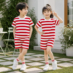 Red Kid's Stripe Printed 2-Pcs Summer Suit. KSPS-01