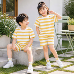 Yellow Kid's Stripe Printed 2-Pcs Summer Suit. KSPS-01