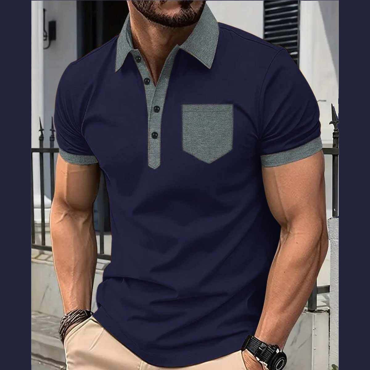 Navy-Blue Collar Style Contrast Pocket Designer Summer Tshirt MSDTS-07