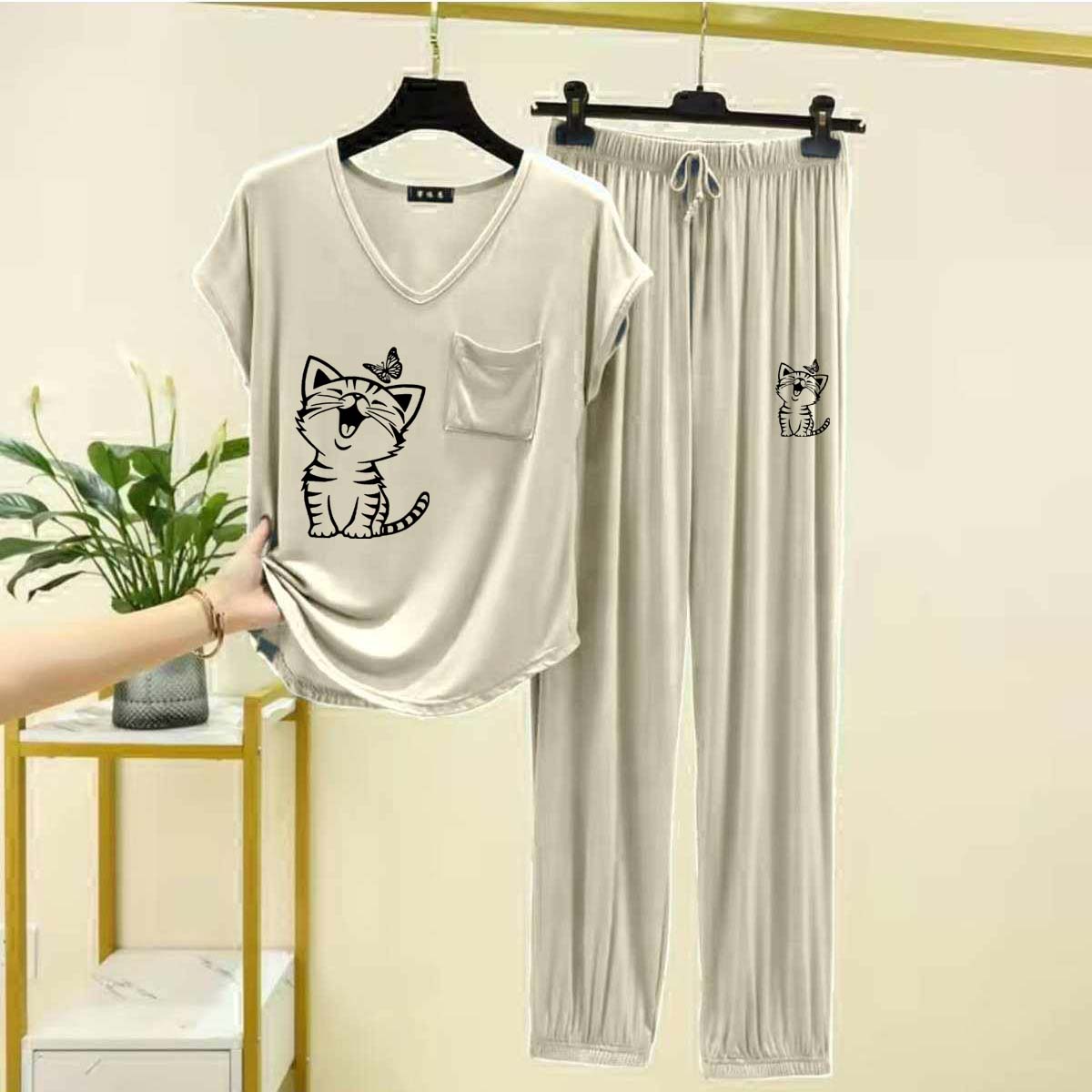 Cap-Sleeve Pocket-Style Big-Printed 2-Pcs Lounge And Night Wear Suit. WLW-13