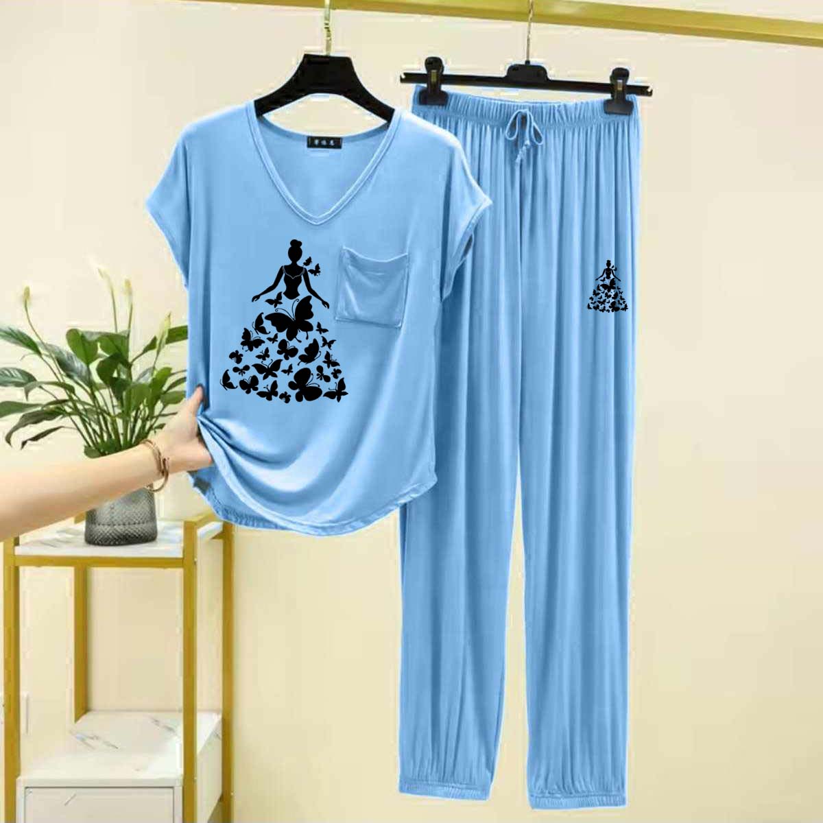 Cap-Sleeve Pocket-Style Big-Printed 2-Pcs Lounge And Night Wear Suit. WLW-13