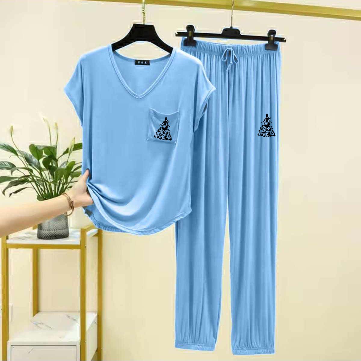 Cap-Sleeve Pocket-Style Logo-Printed 2-Pcs Lounge And Night Wear Suit. WLW-13