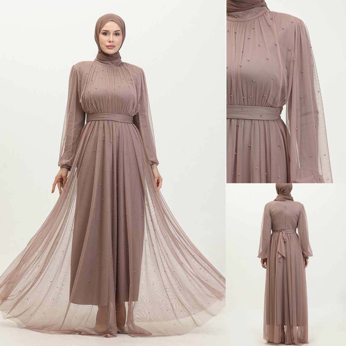 Turkish Net Pearls Belt Style Heavy-Flair Long-Length Maxi.