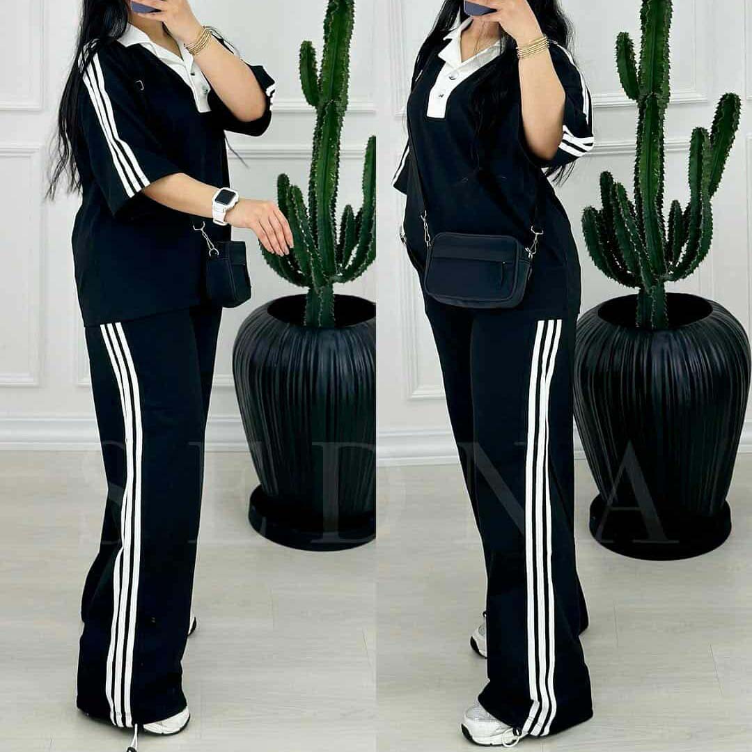 Contrast Collar 3-Stripe Style Western 2-Pcs Summer Tracksuit For Her. WSTS-06