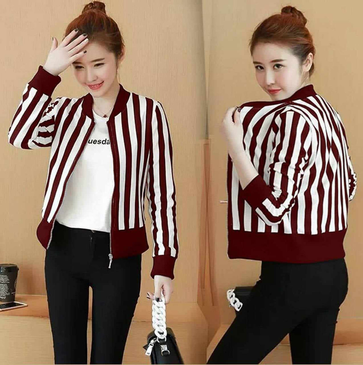 Korean Stripe Style Printed Winter Zipper Jacket.