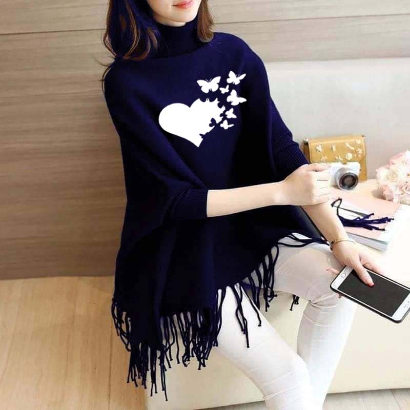 Heart-Butterfly Printed Bat-Wing Style Winter Poncho.