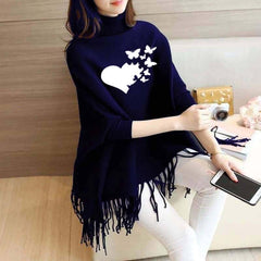 Heart-Butterfly Printed Bat-Wing Style Winter Poncho.