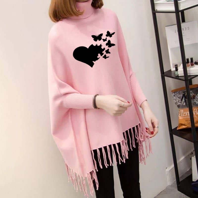 Heart-Butterfly Printed Bat-Wing Style Winter Poncho.