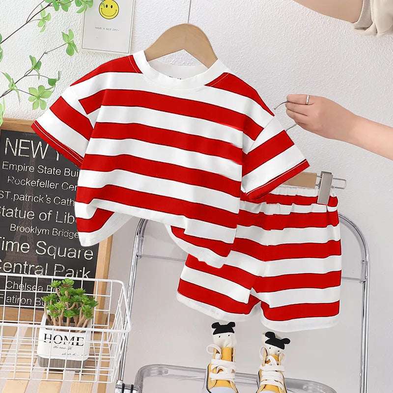 Stripe Style Printed 2-Pcs Summer Suit For Baby & Baba.