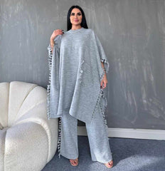 Grey Open-Shawl Style Lace Work 2-Pcs Winter Co-Ord Set. WWTS-07