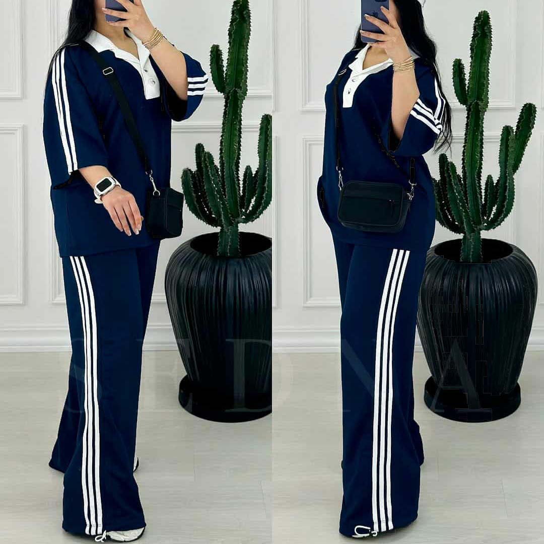 Contrast Collar 3-Stripe Style Western 2-Pcs Summer Tracksuit For Her. WSTS-06