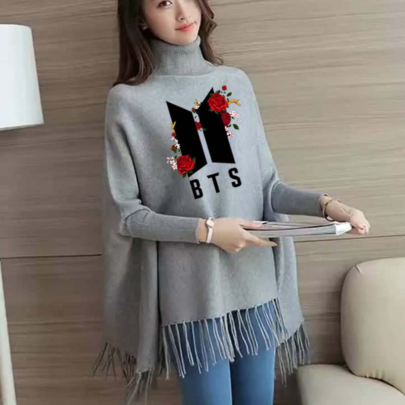 Flower-BTS Printed Bat-Wing Style Winter Poncho.