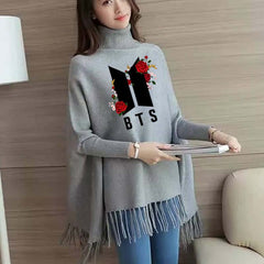 Flower-BTS Printed Bat-Wing Style Winter Poncho.