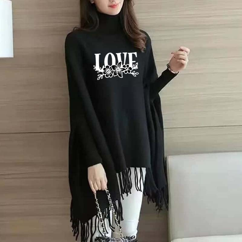 Black-White Love Printed Bat-Wing Style Winter Poncho.