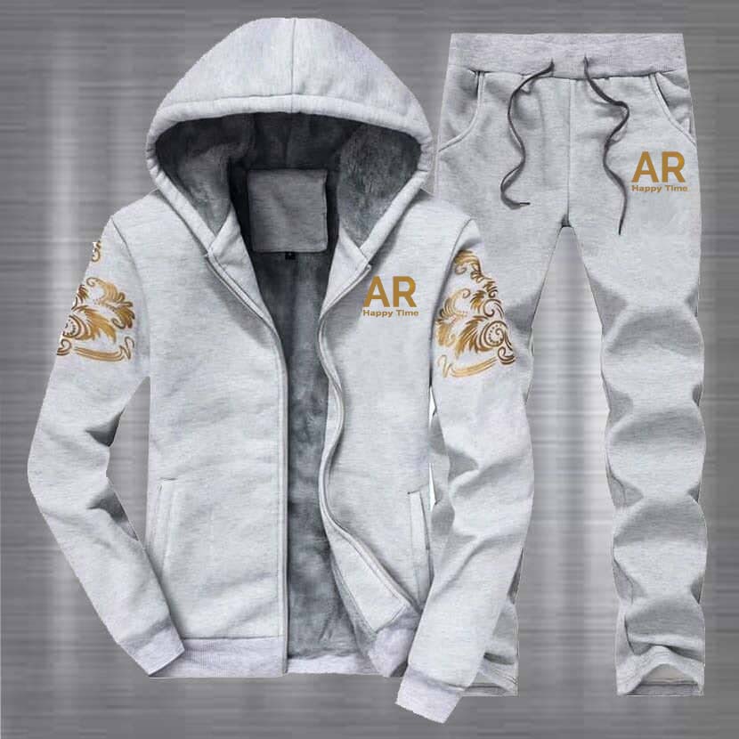 Grey Hooded Style AR Arm Printed Winter Track-suit. D-12