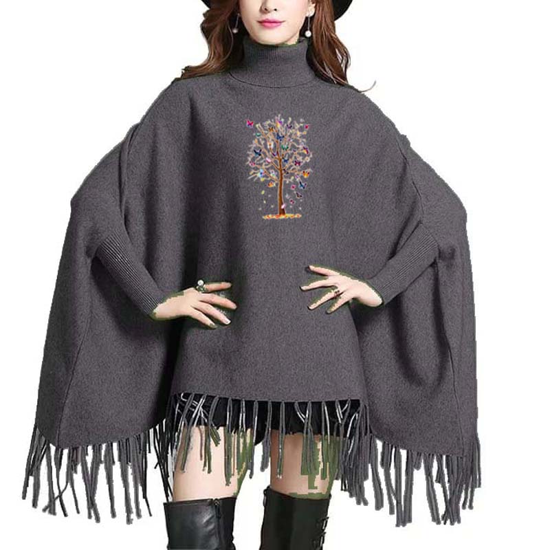 Multi Tree Printed Bat-Wing Style Winter Poncho.