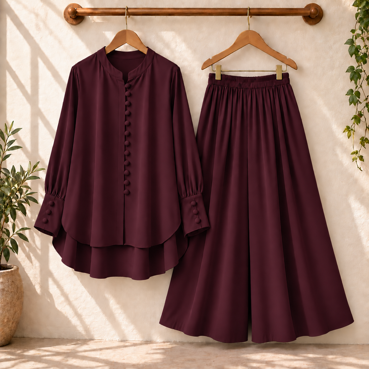 Fawoza Solid Western Shirt & Plazo Style 2-Pcs Stiched Co-Ord Set.