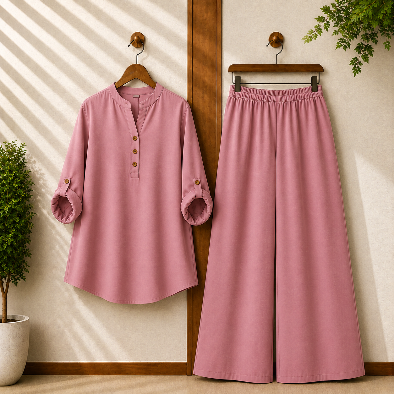 Binara Solid Color Western Shirt Style 2-Pcs Stiched Co-Ord Set.