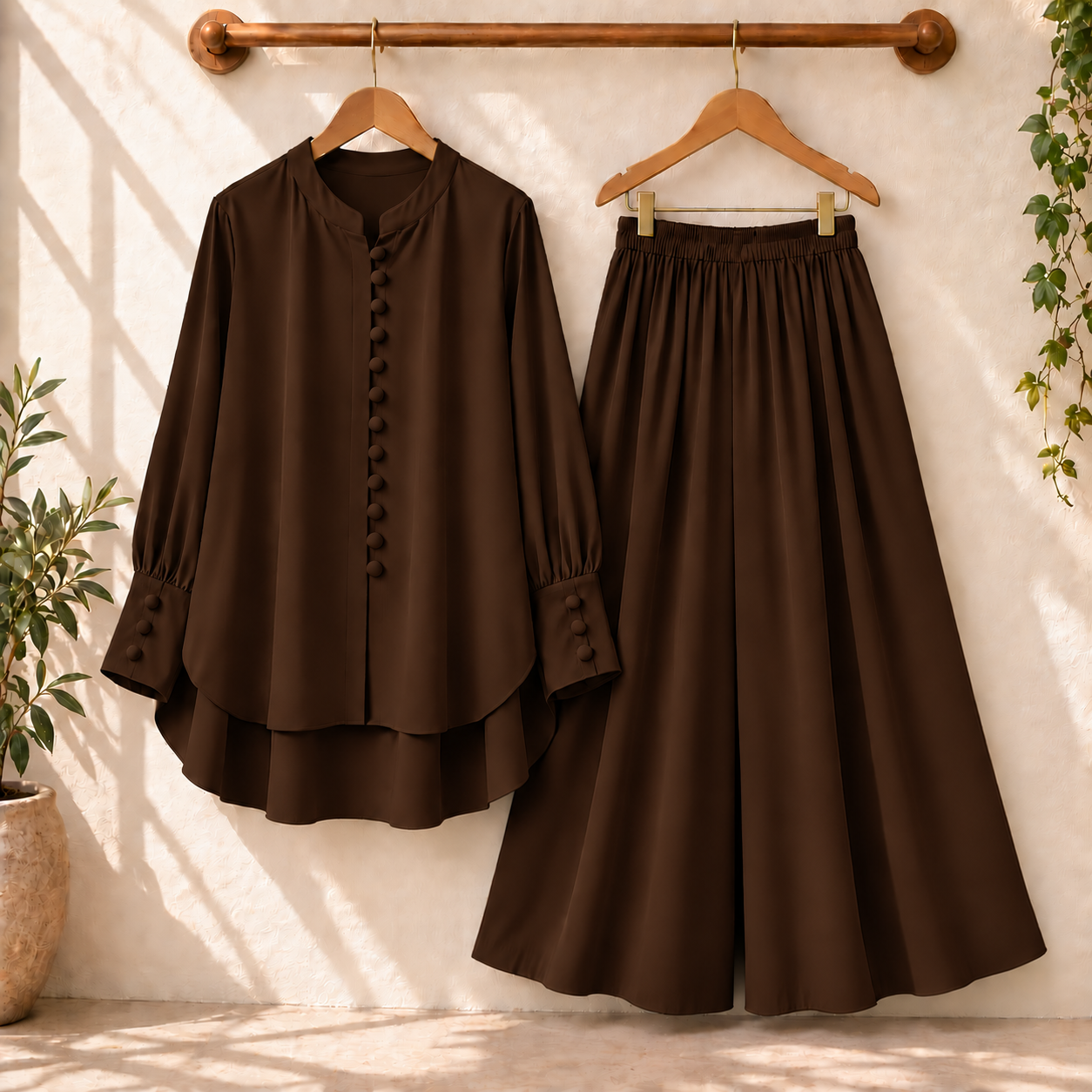 Fawoza Solid Western Shirt & Plazo Style 2-Pcs Stiched Co-Ord Set.