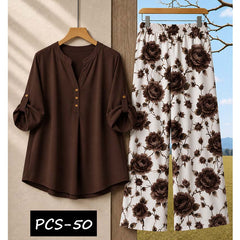 Binara Printed Western Shirt Style 2-Pcs Stiched Co-Ord Set. PCS-50