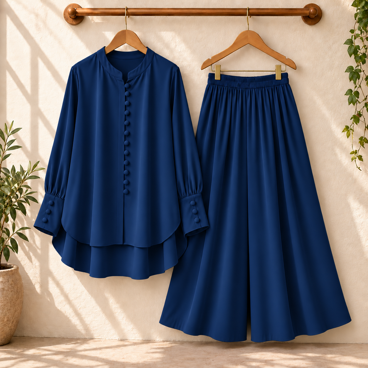 Fawoza Solid Western Shirt & Plazo Style 2-Pcs Stiched Co-Ord Set.
