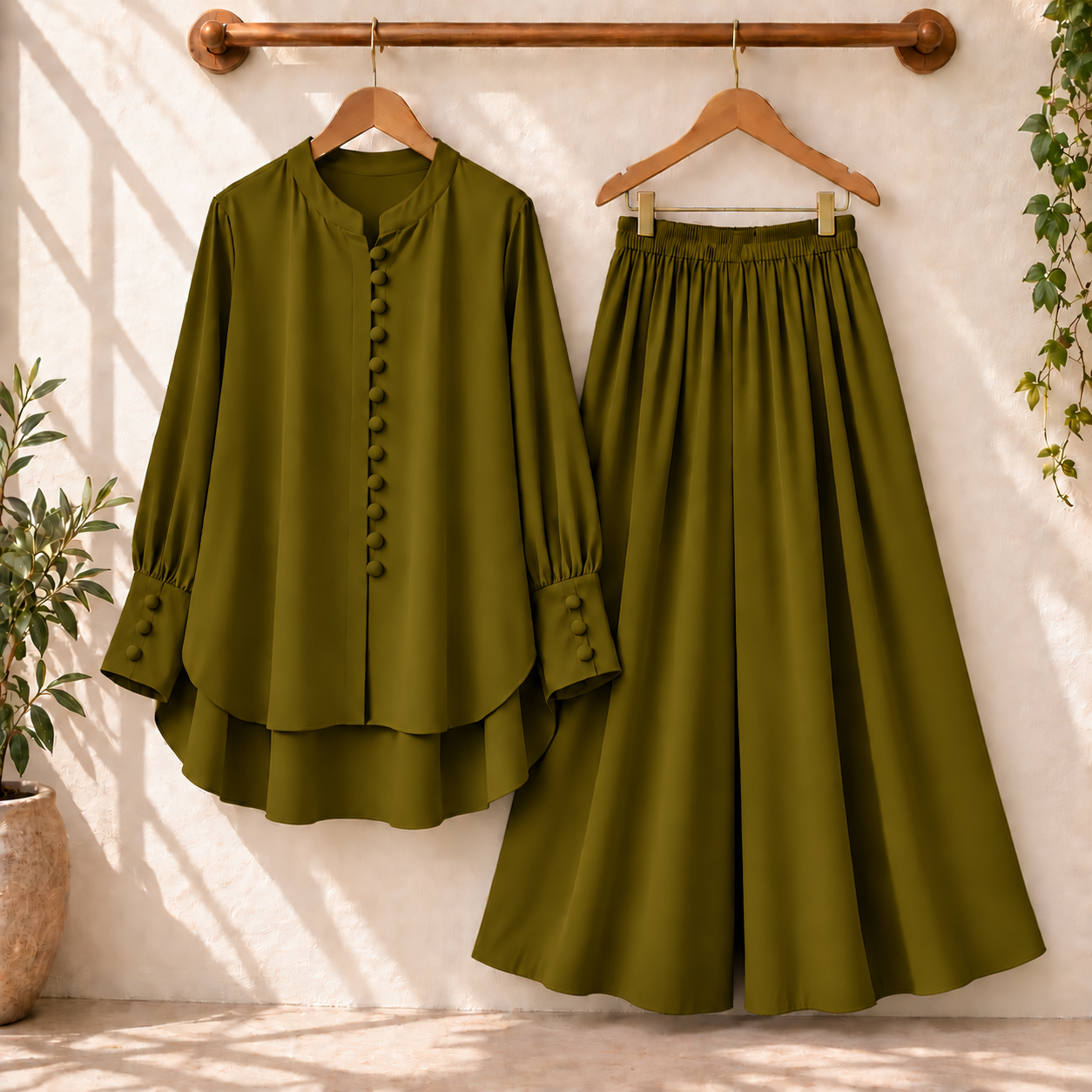 Fawoza Solid Western Shirt & Plazo Style 2-Pcs Stiched Co-Ord Set.