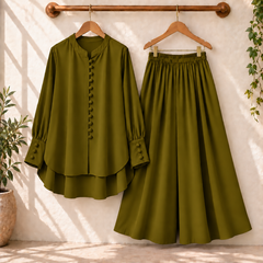 Fawoza Solid Western Shirt & Plazo Style 2-Pcs Stiched Co-Ord Set.
