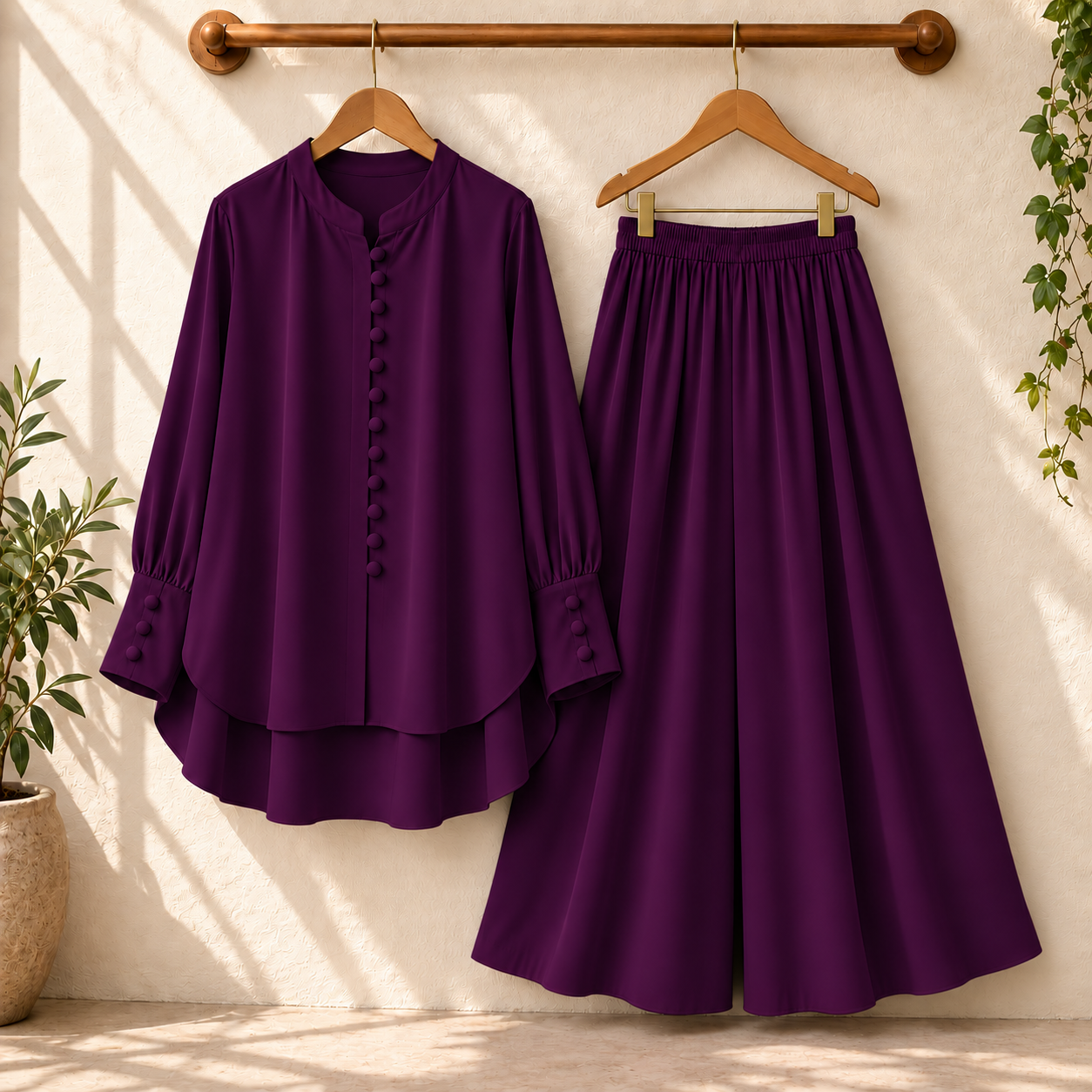 Fawoza Solid Western Shirt & Plazo Style 2-Pcs Stiched Co-Ord Set.