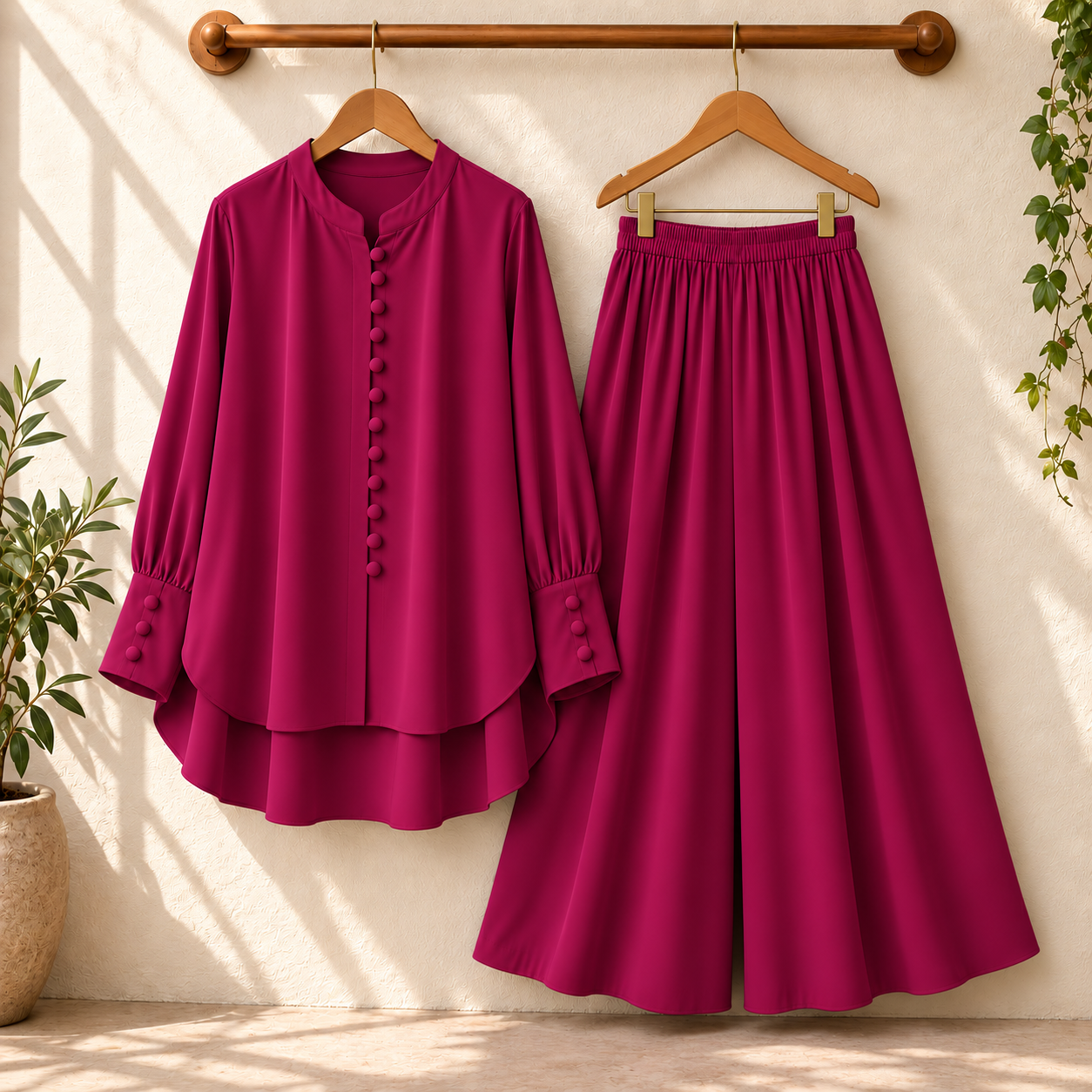 Fawoza Solid Western Shirt & Plazo Style 2-Pcs Stiched Co-Ord Set.