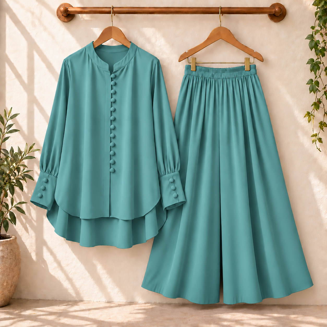 Fawoza Solid Western Shirt & Plazo Style 2-Pcs Stiched Co-Ord Set.