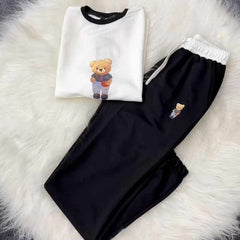 White-Black Bear Going Drop-Shoulder Style 2-Pcs Summer Dry-Fit Tracksuit For Her. WSTS-03