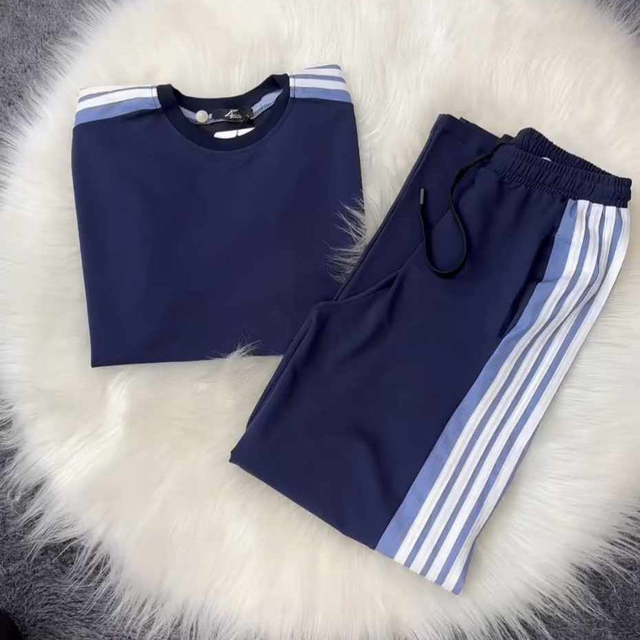 Black Drop-Shoulder Stripe Style 2-Pcs Summer Dry-Fit Tracksuit For Her. WSTS-04
