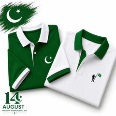 Bundle Of 2 Contrast Collar Style Hold Flag Logo Printed Azadi Polo Tshirt. V2 (Green-CT+White-Hold.Flag)