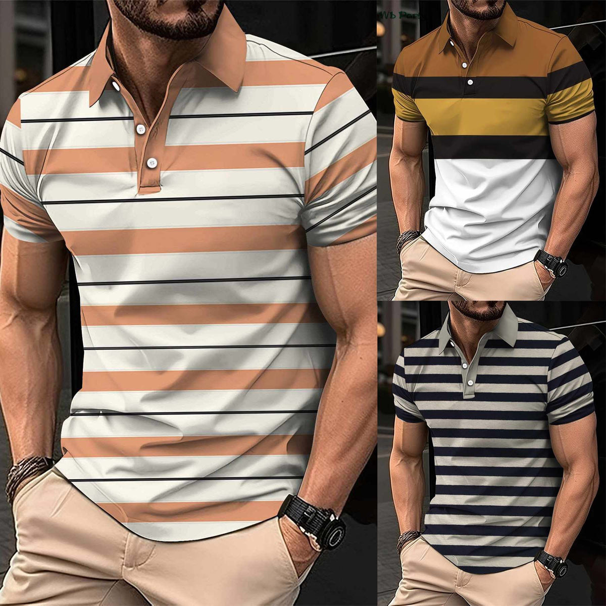 Bundle Of 3 Imported 3D Stripe Printed Style Half-Sleeve Polo Summer Tshirt's. MS3DP-107+109+110