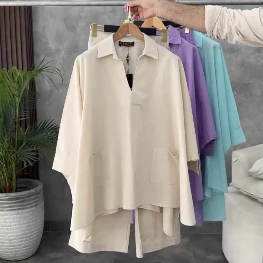 Batwing V-Collar Style Turkish Lawn 2-Pcs Stiched Co-Ord Set.